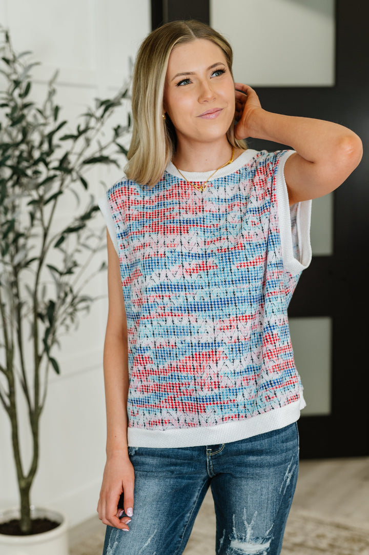 Blurred Beauty Textured Knit Top in Blue, Red and White - 8/10
