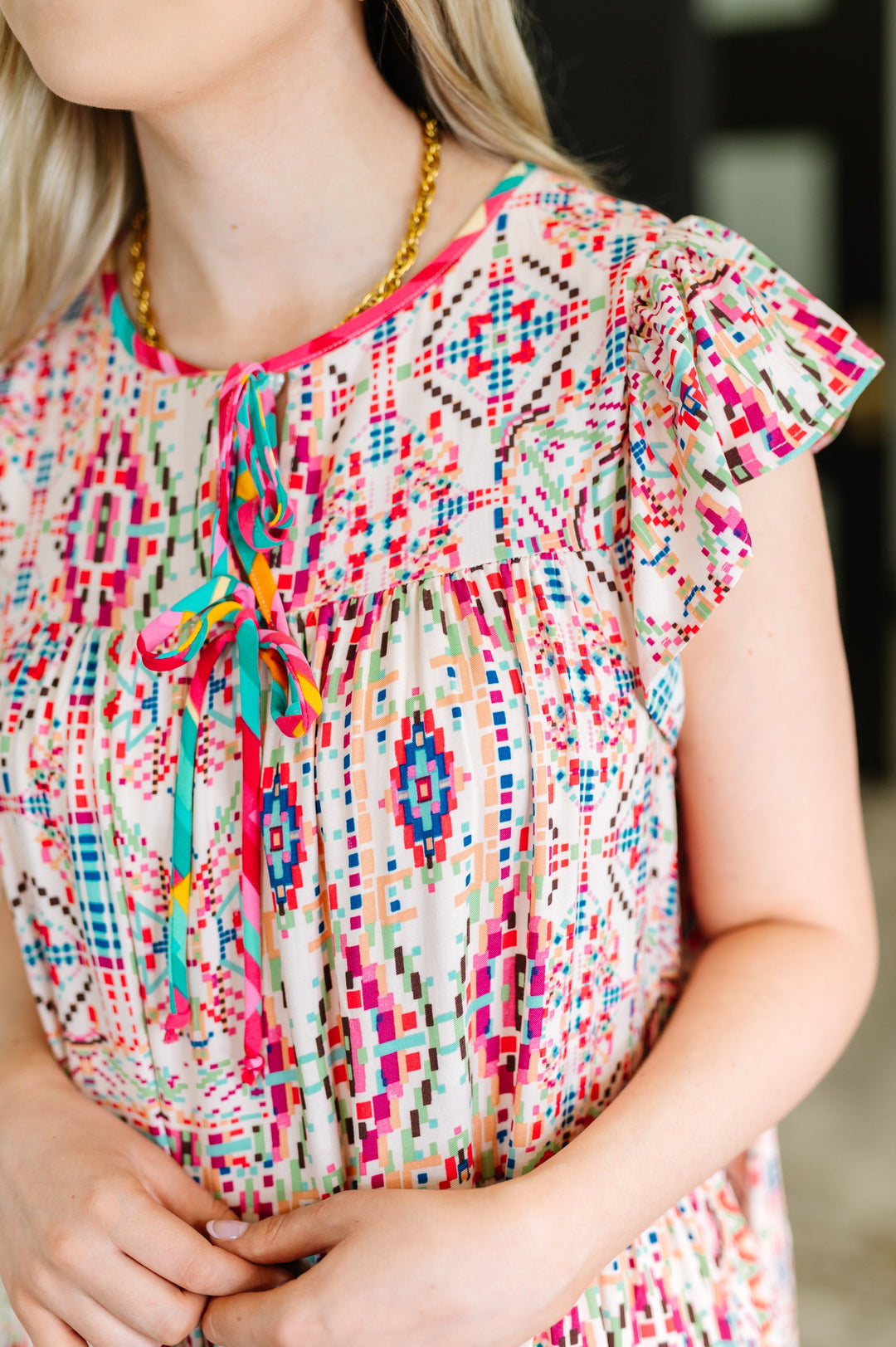 Boho and Behold Flutter Sleeve Dress in Blush/Fuchsia/Mint - 6/22