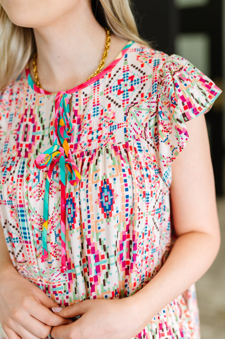 Boho and Behold Flutter Sleeve Dress in Blush/Fuchsia/Mint - 6/22