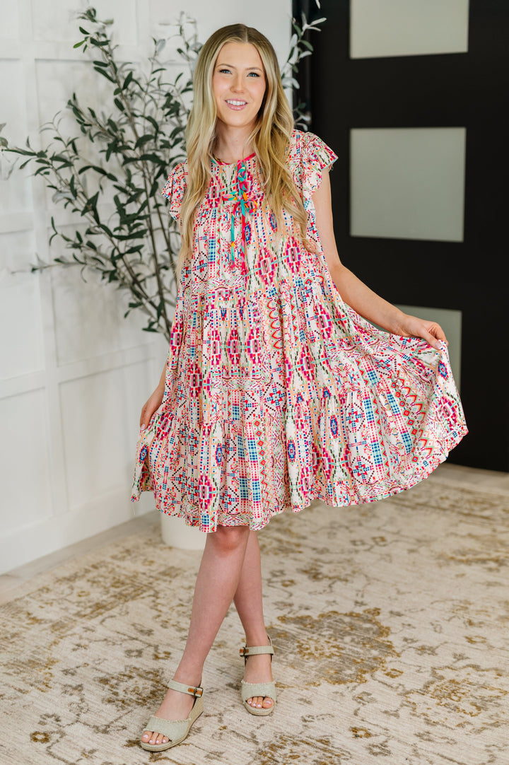 Boho and Behold Flutter Sleeve Dress in Blush/Fuchsia/Mint - 6/22