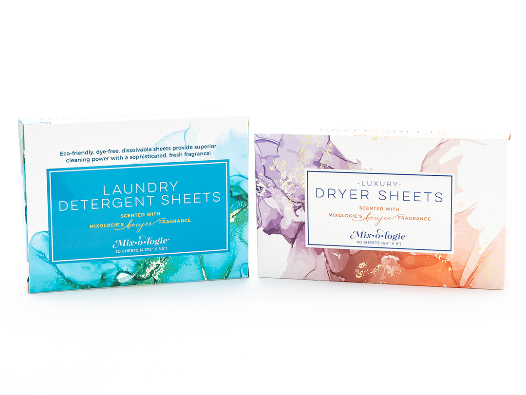 Mixologie Laundry Detergent Sheets and Luxury Dryer Sheets scented with Boujee fragrance, both boxes shown together with teal and purple marble ink designs