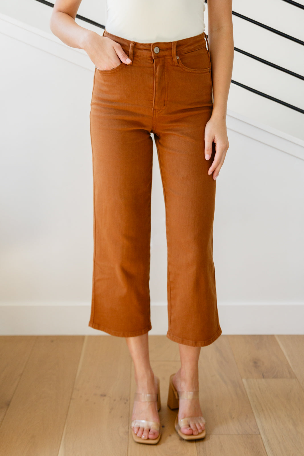 Briar High Rise Control Top Wide Leg Crop Jeans in Camel by Judy Blue