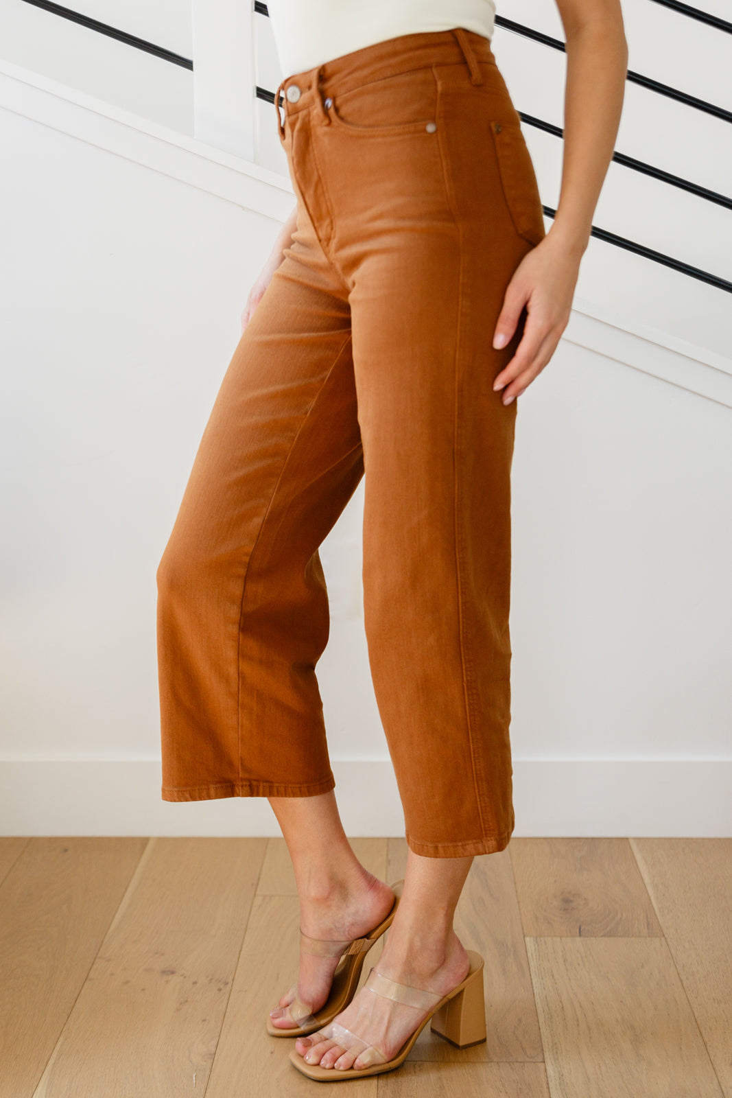 Briar High Rise Control Top Wide Leg Crop Jeans in Camel by Judy Blue