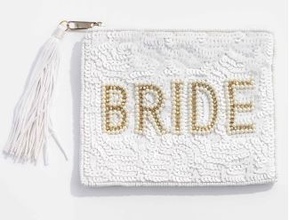 Pearl 'Bride' Tassel Beaded Zip Pouch - White