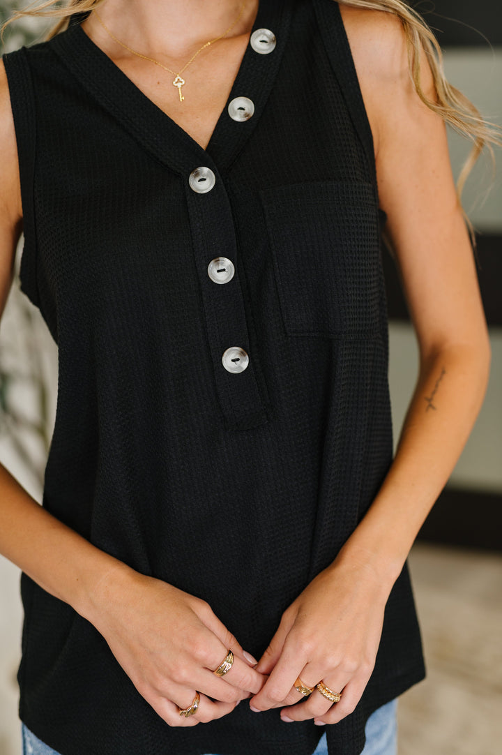 Buttoned Up Buttercup Sleeveless Top in Black - 4/20