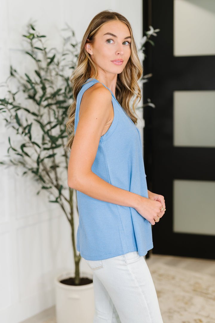 Buttoned Up Buttercup Sleeveless Top in Ocean Blue - 4/20