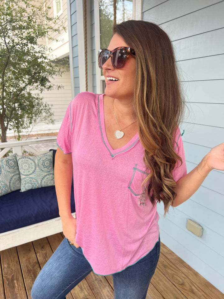 Double Patch Pocket V-Neck Tee by POL - Candy Pink