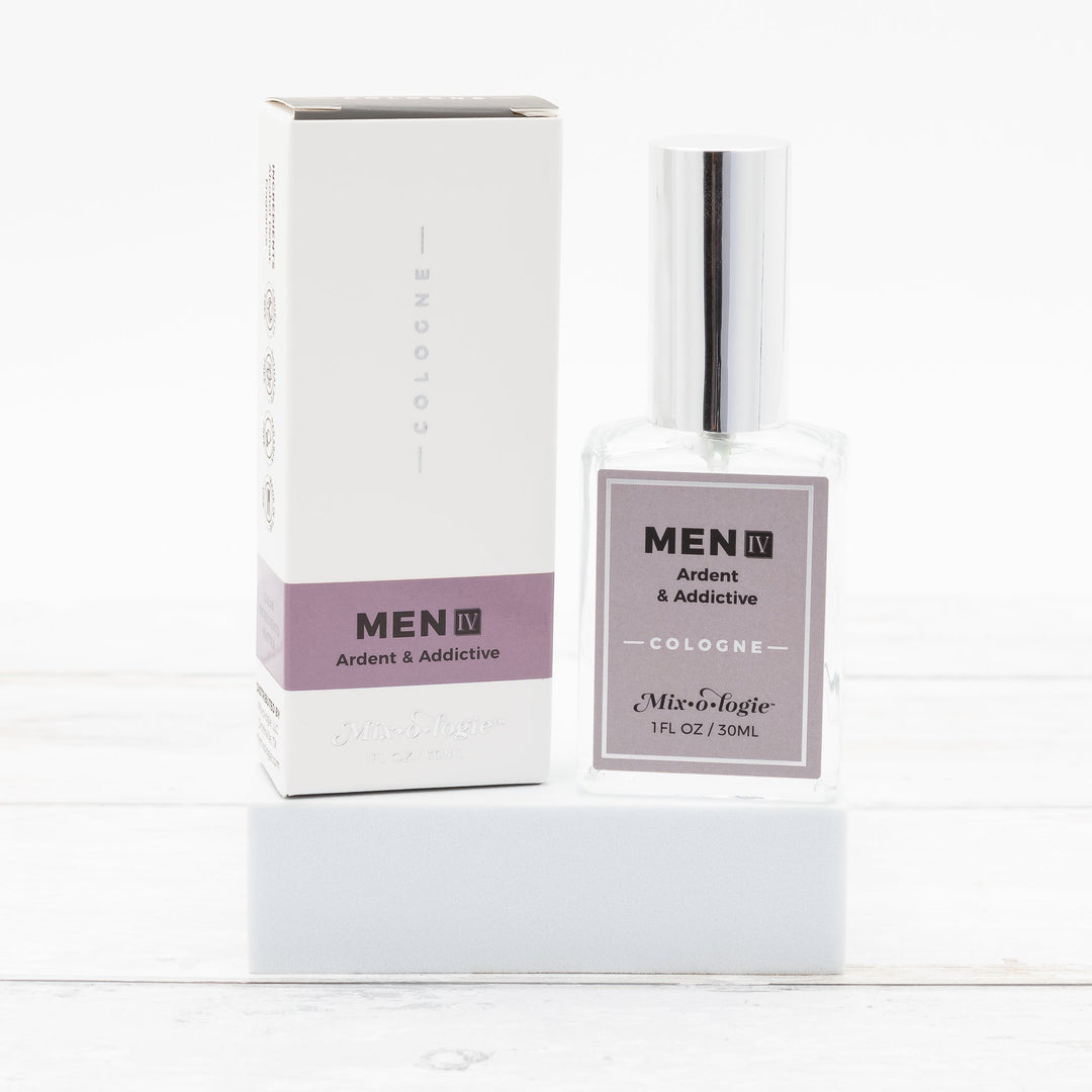 Mixologie Men IV Ardent & Addictive Cologne, 1 fl oz, clear square glass spray bottle with silver cap and mauve label with matching white and mauve box