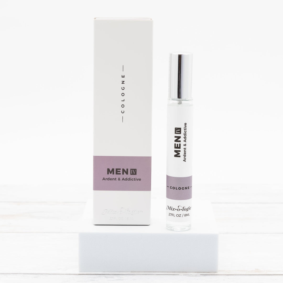Mixologie Men IV Ardent & Addictive Cologne, 0.27 fl oz, clear glass roller bottle with silver cap and mauve label with matching white and mauve box