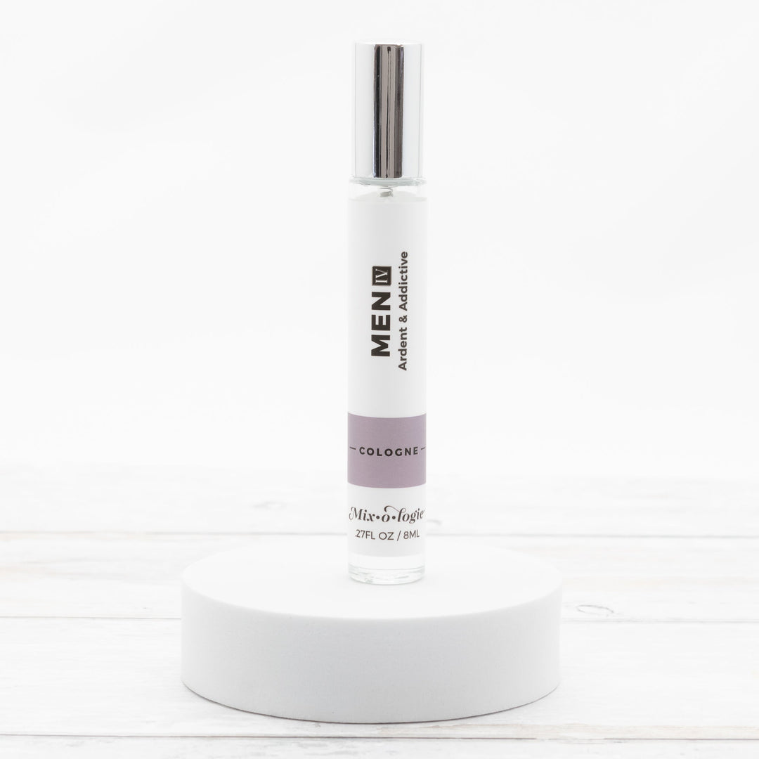 Mixologie Men IV Ardent & Addictive Cologne, 0.27 fl oz, clear glass roller bottle with silver cap and mauve label, no box