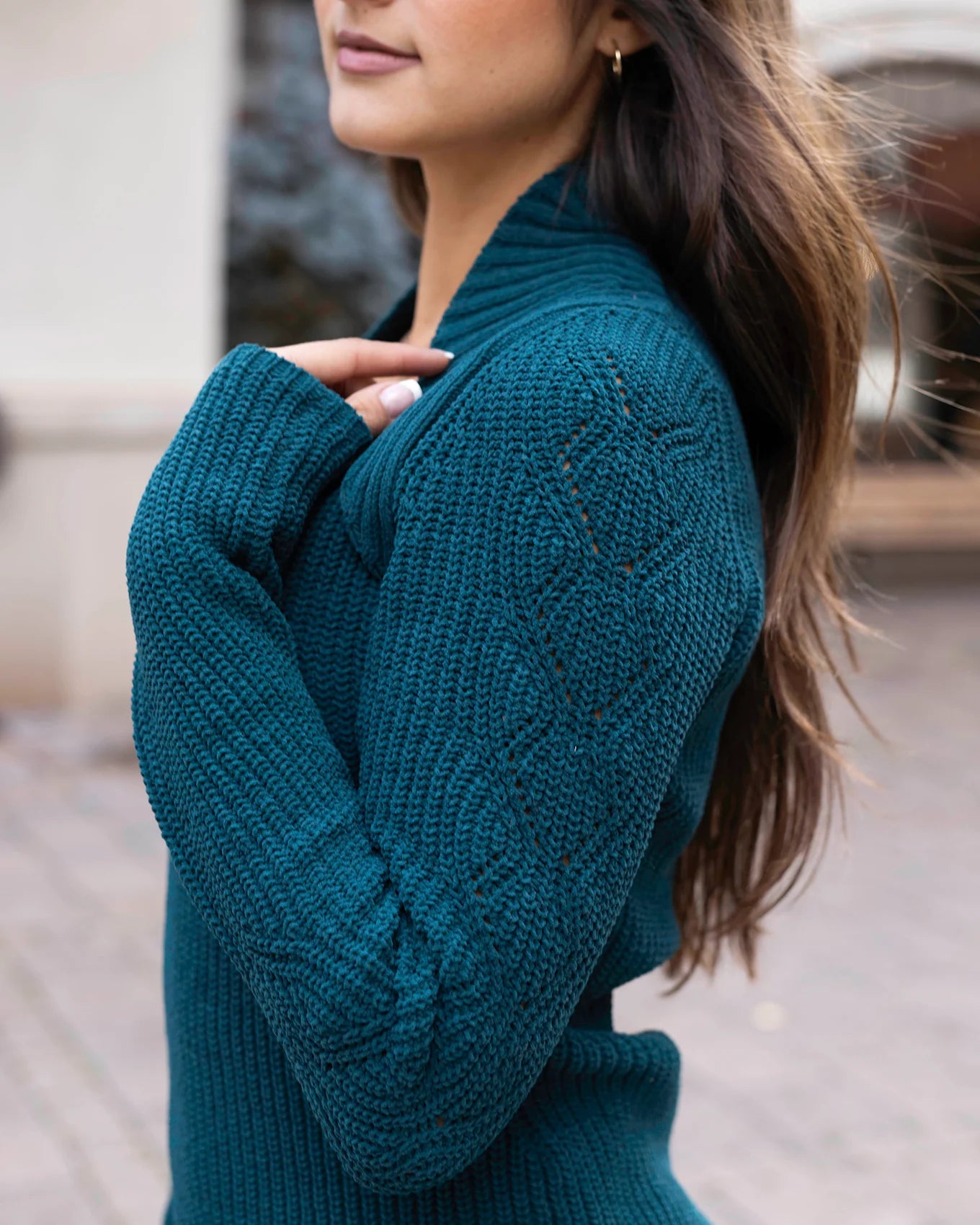 Deep Teal Cabled Sleeve Shrug Sweater by Grace & Lace