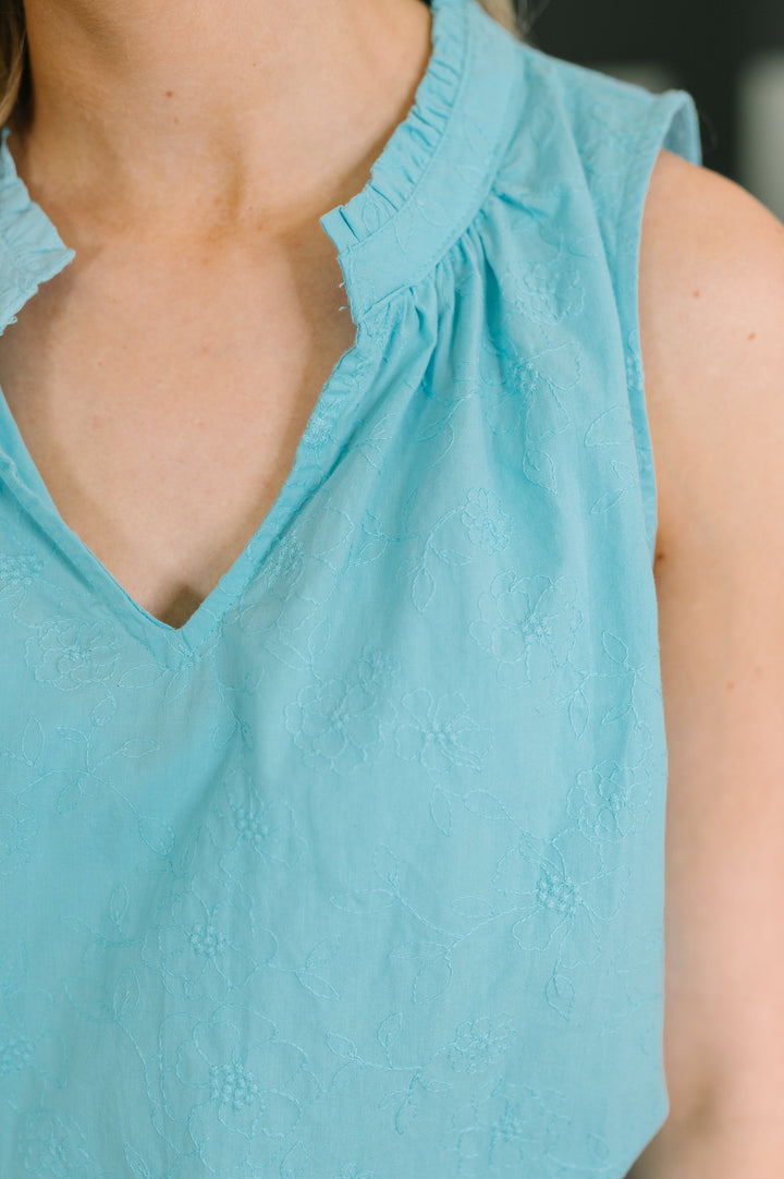 Camellia Split Neck Embroidered Tank in Aqua - 7/14