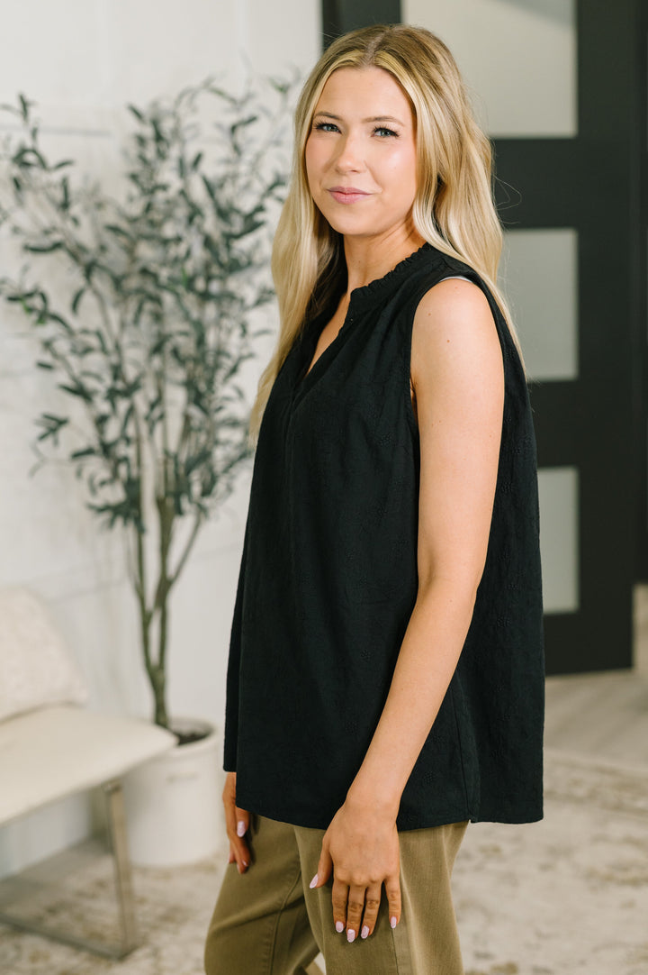 Camellia Split Neck Embroidered Tank in Black - 7/14