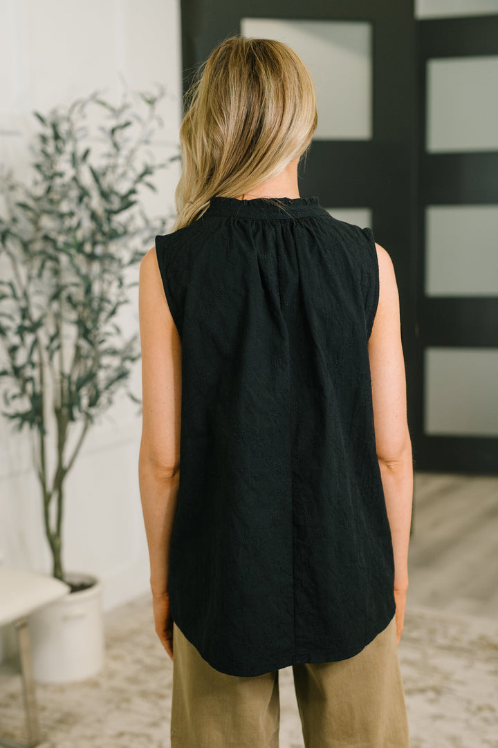 Camellia Split Neck Embroidered Tank in Black - 7/14