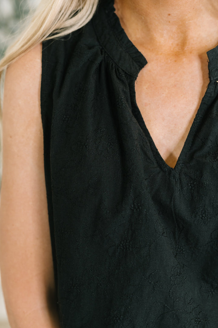 Camellia Split Neck Embroidered Tank in Black - 7/14