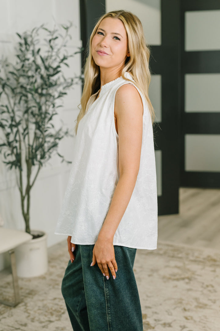 Camellia Split Neck Embroidered Tank in Off White - 7/14