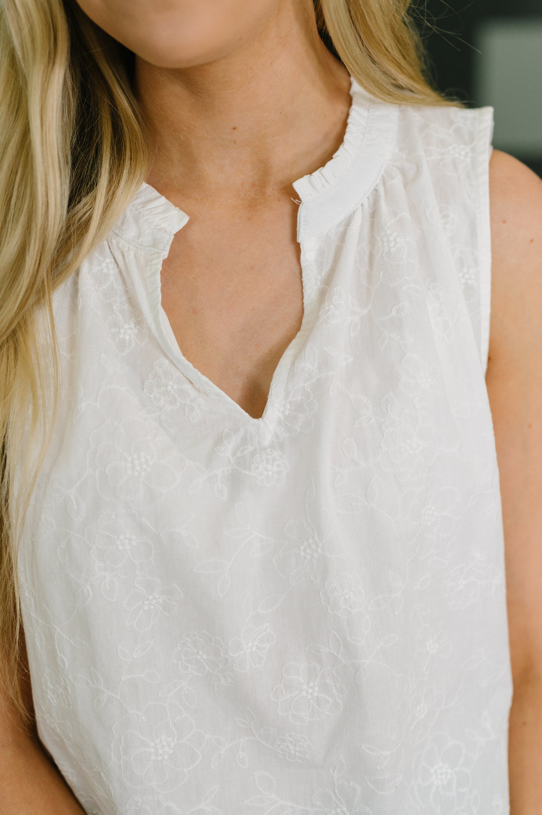 Camellia Split Neck Embroidered Tank in Off White - 7/14
