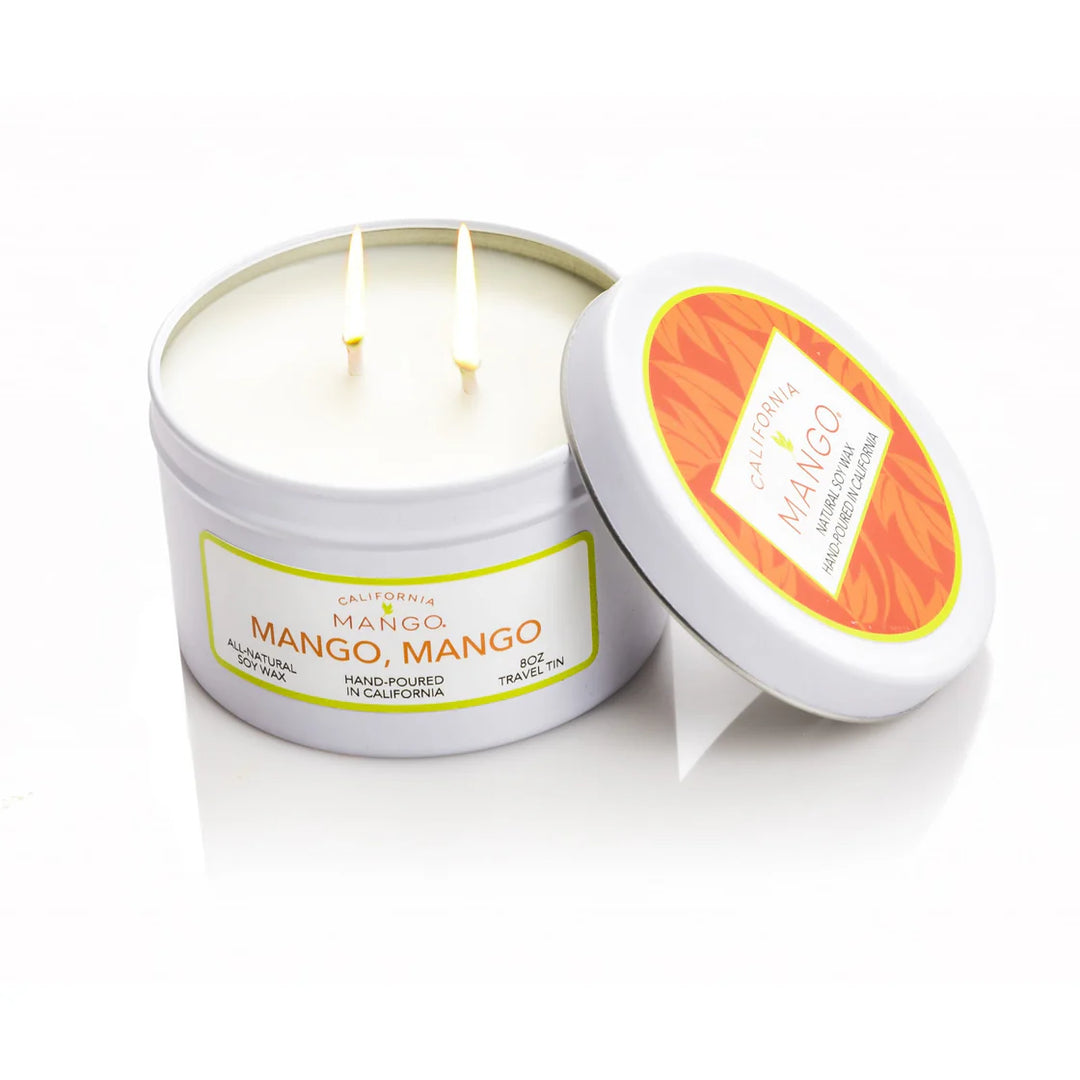 California Mango Mango Mango 8oz triple-wick soy wax candle in white travel tin with lid on white background
