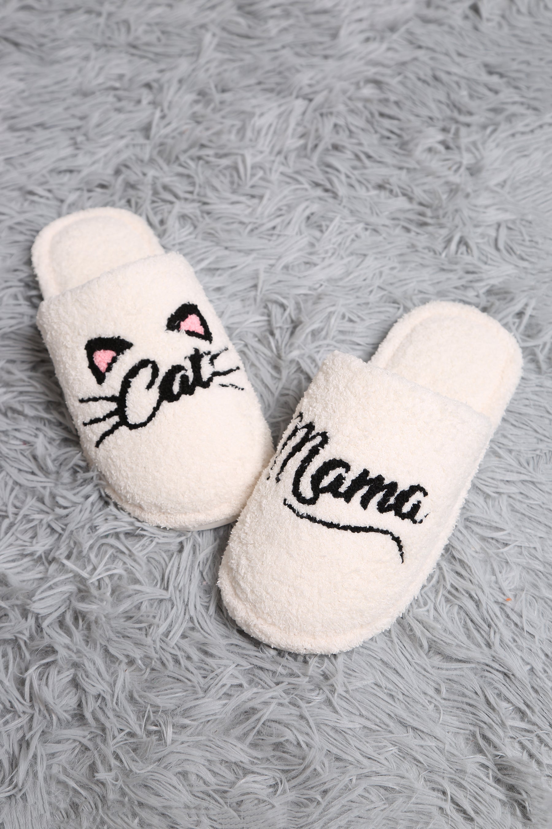 'Cat Mama' Embroidered Fuzzy Slippers