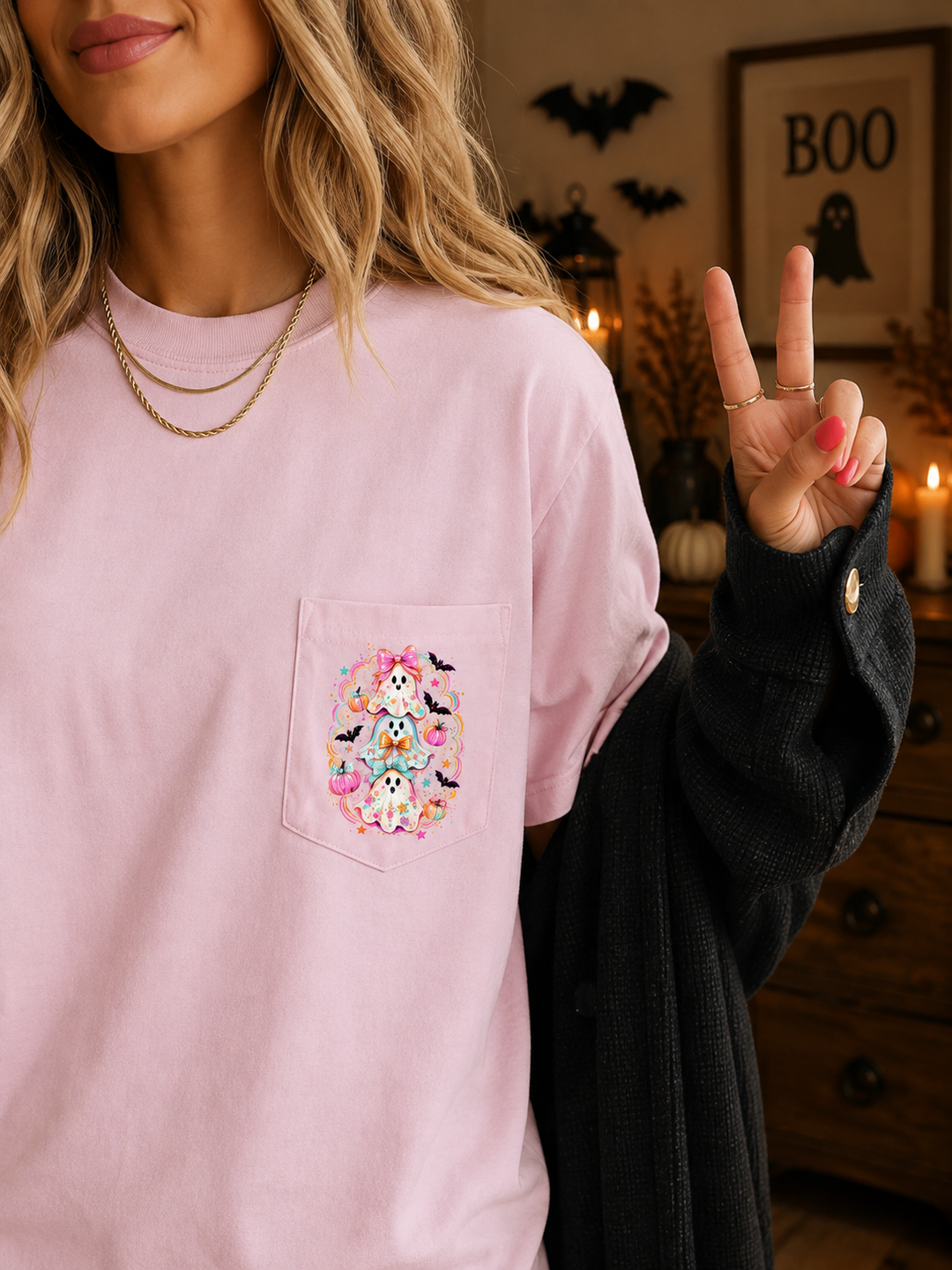 by PrepO: Girly Bow Ghost Stack Pocket Tee by Prep Obsessed (Ships in 1-2 Weeks)