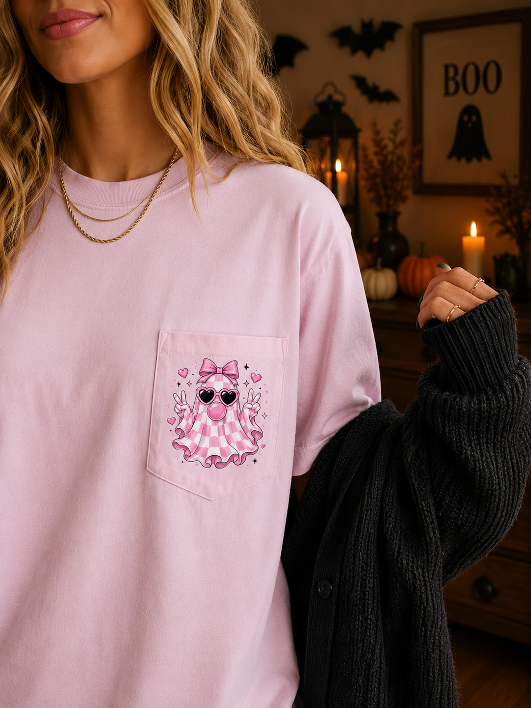 by PrepO: Checkered Bubble Gum Ghost Pocket Tee by Prep Obsessed (Ships in 1-2 Weeks) (Copy)