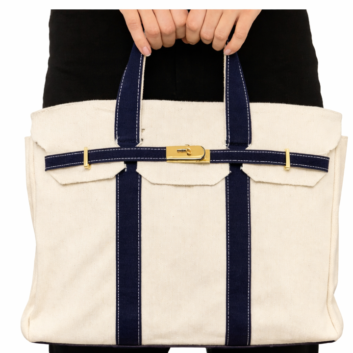Boatkin - Navy Trim Gold Buckle Canvas Tote