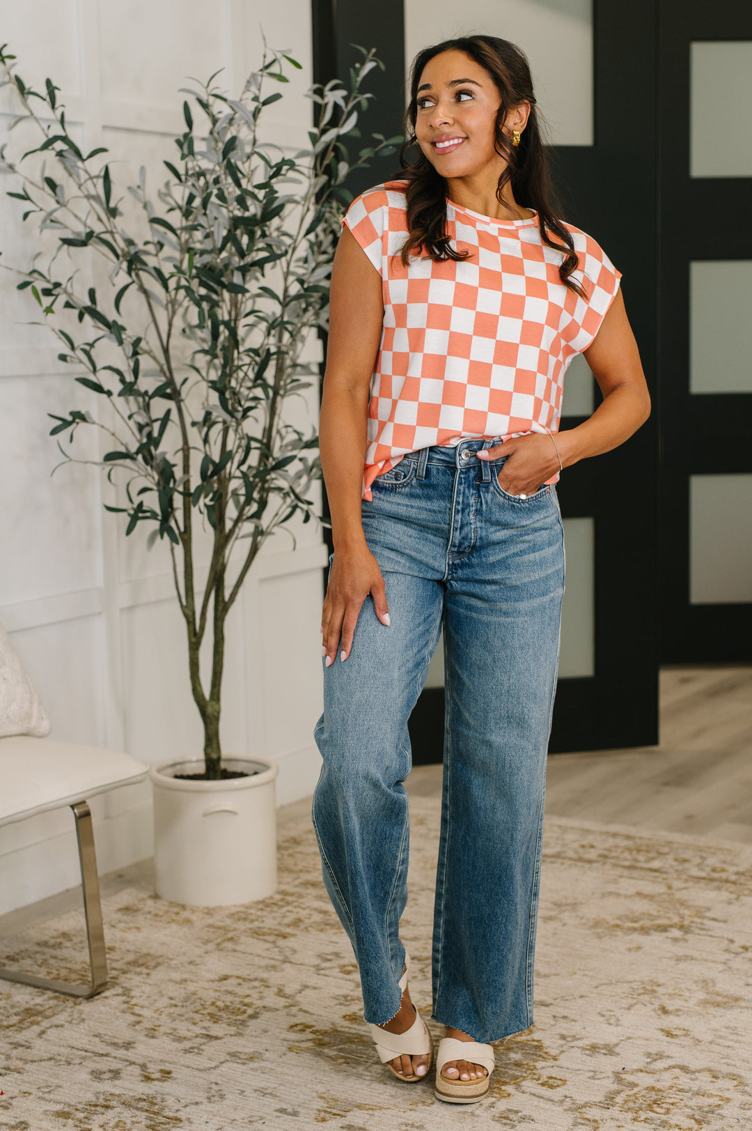 Check Hers Round Neck Top in Orange - 4/14