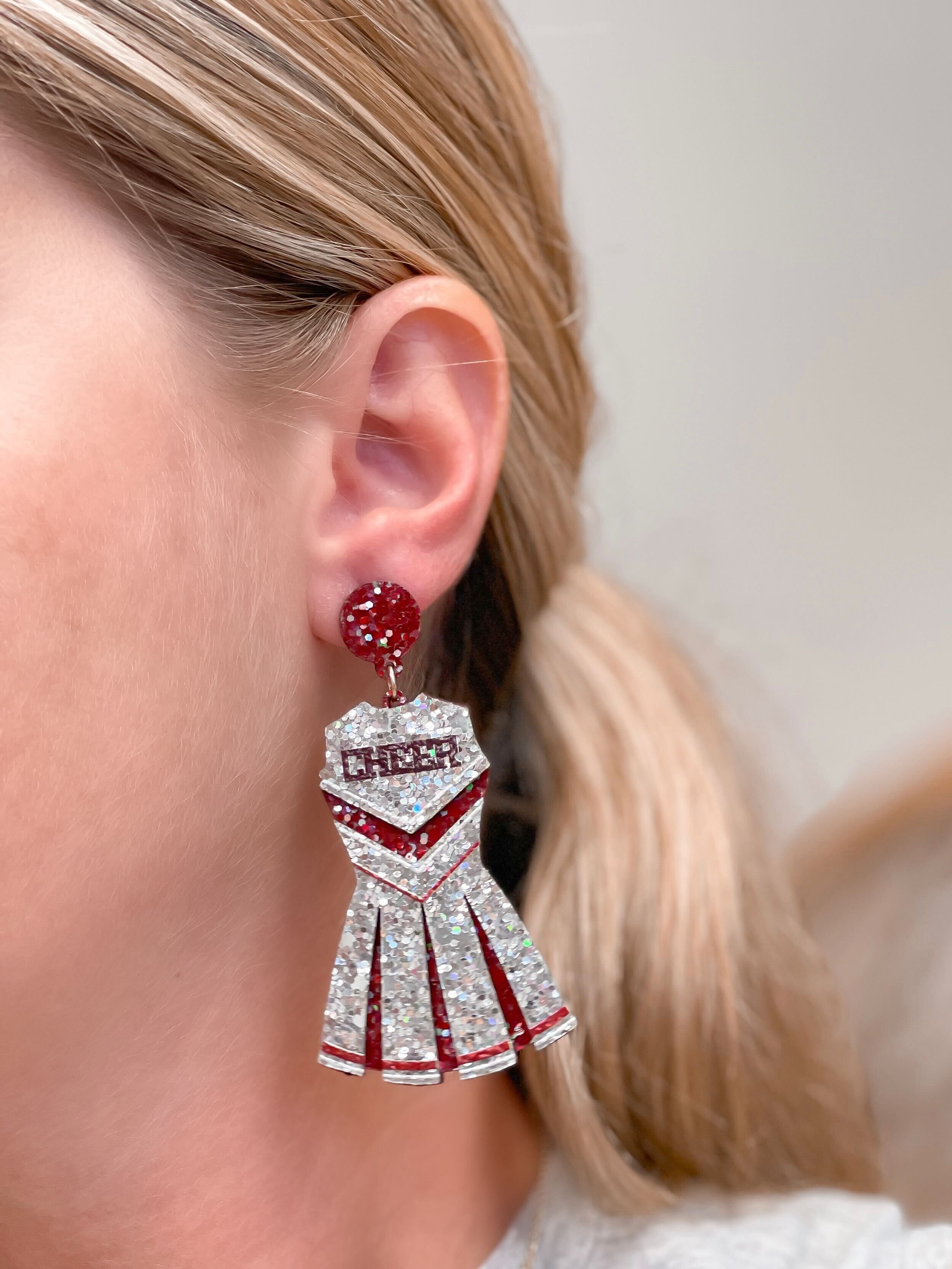 Glitter Cheerleader Dress Dangle Earrings - Silver & Burgundy