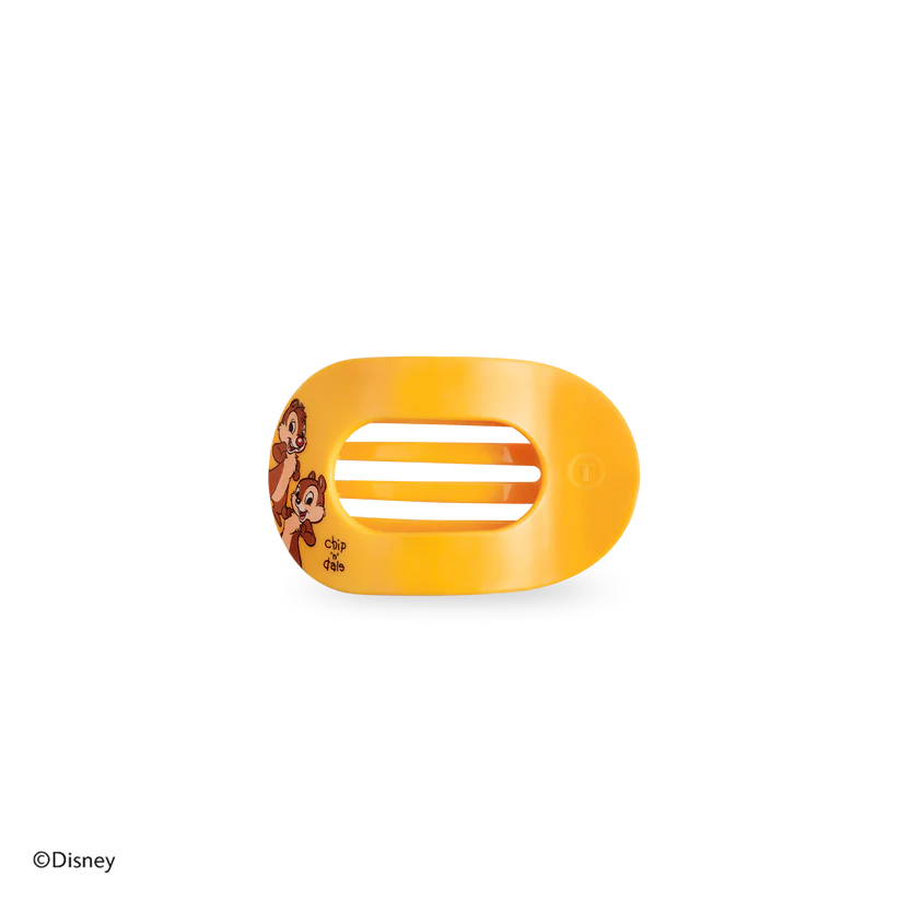Disney x Teleties Chip 'n Dale tiny flat round hair clip in amber yellow with Chip 'n Dale character graphic and signature on white background