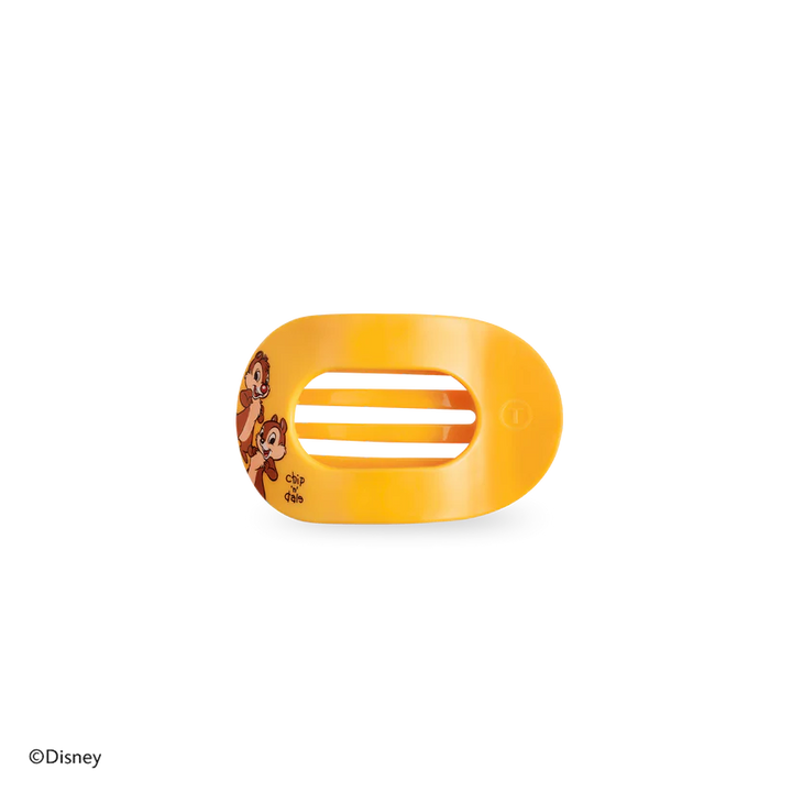 Disney x Teleties Chip 'n Dale tiny flat round hair clip in amber yellow with Chip 'n Dale character graphic and signature on white background