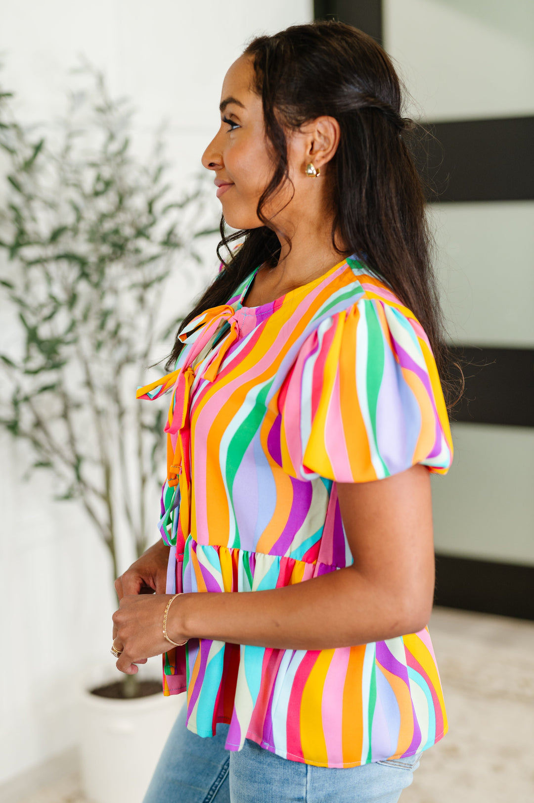 Chromatide Puff Sleeve Blouse in Mint/Orange - 5/7