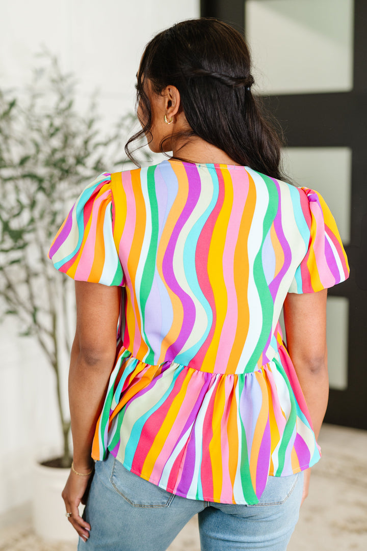Chromatide Puff Sleeve Blouse in Mint/Orange - 5/7