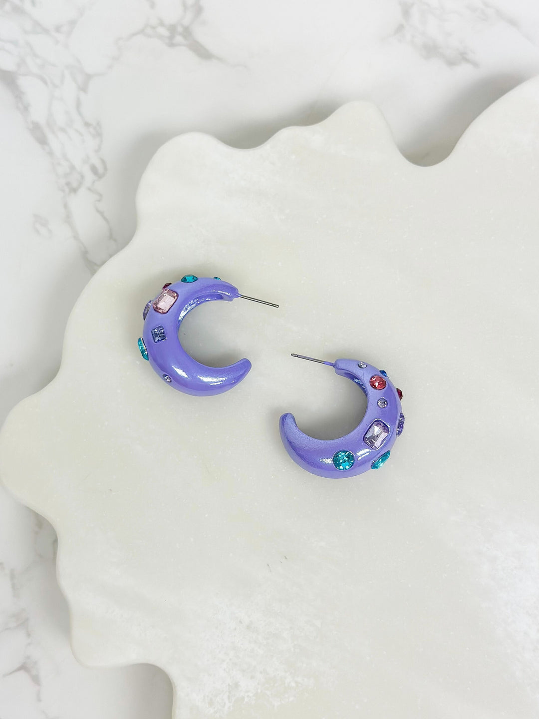 Chunky Rhinestone Bauble Hoop Earrings - Purple