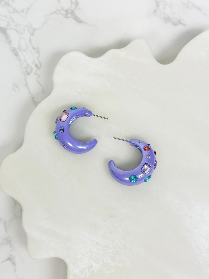 Chunky Rhinestone Bauble Hoop Earrings - Purple