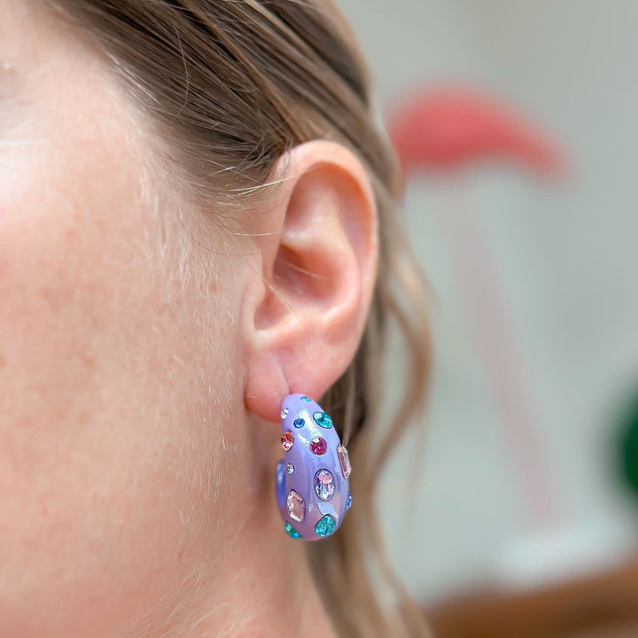 Chunky Rhinestone Bauble Hoop Earrings - Purple
