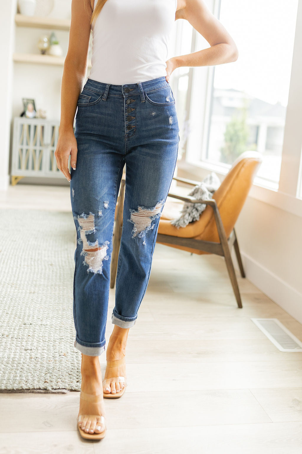 Colt High Rise Button Fly Distressed Boyfriend Jeans by Judy Blue