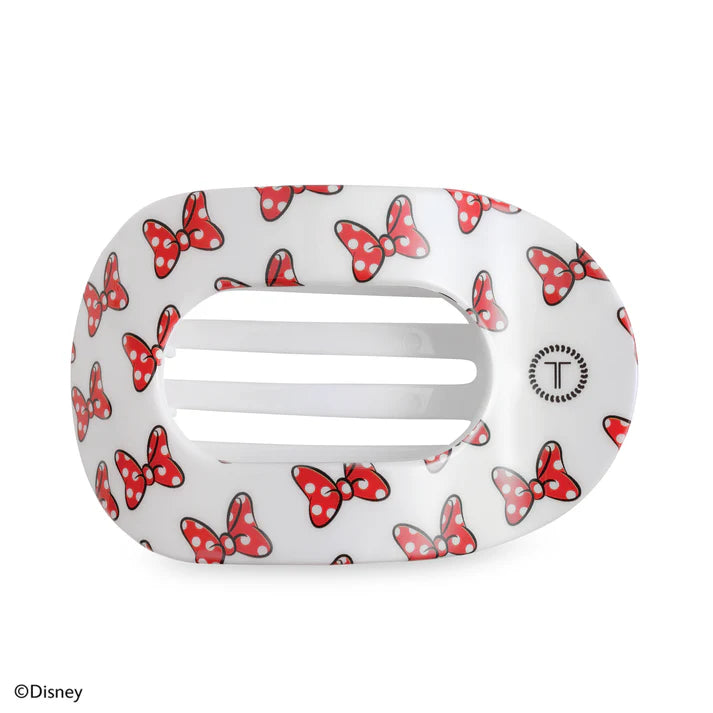 Disney x Teleties Minnie Mouse large flat round hair clip in white with allover red polka dot bow print on white background