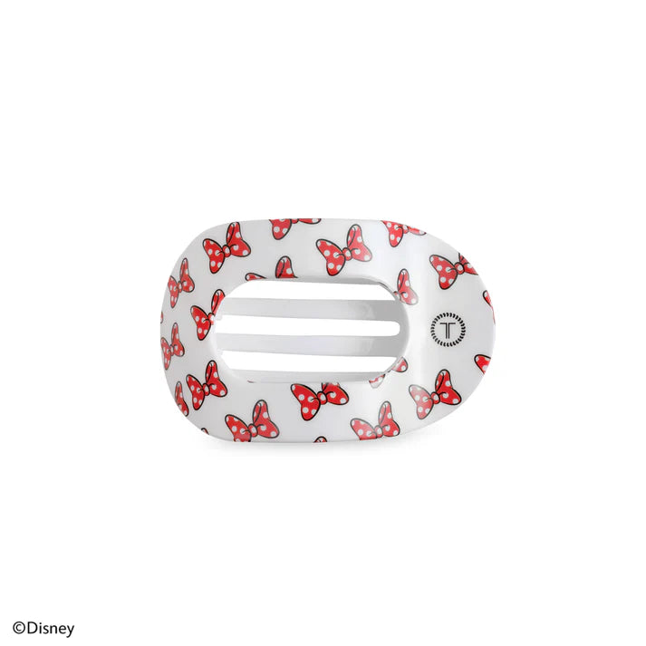 Disney x Teleties Minnie Mouse small flat round hair clip in white with allover red polka dot bow print on white background