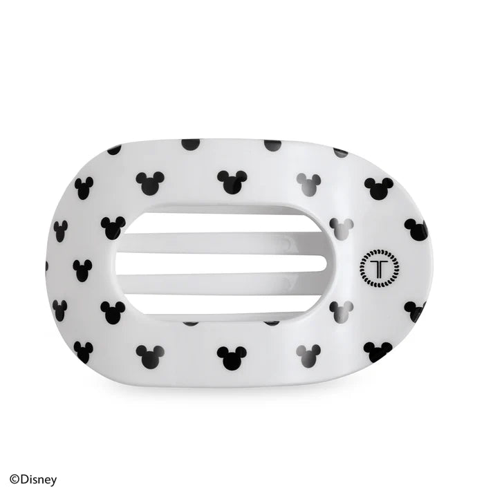 Disney x Teleties Mickey Mouse large flat round hair clip in white with allover black Mickey silhouette print on white background