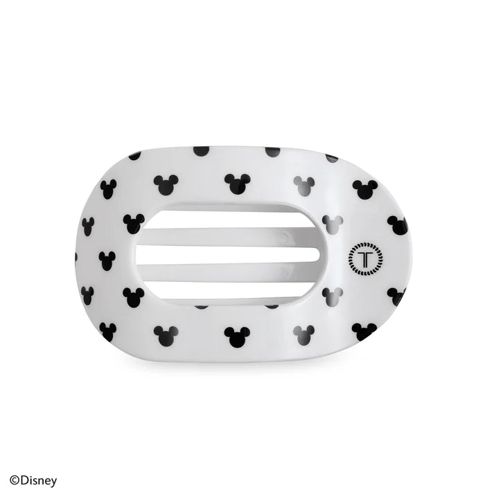 Disney x Teleties Mickey Mouse medium flat round hair clip in white with allover black Mickey silhouette print on white background
