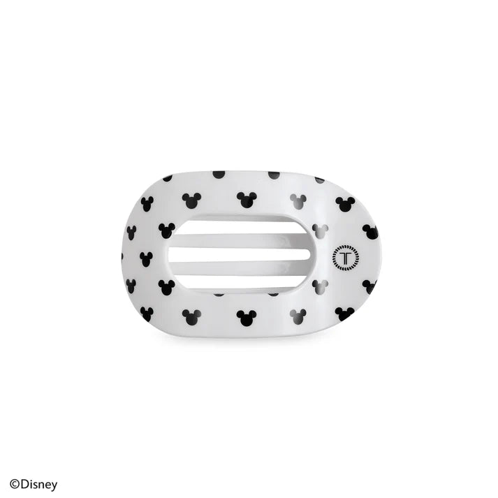 Disney x Teleties Mickey Mouse small flat round hair clip in white with allover black Mickey silhouette print on white background