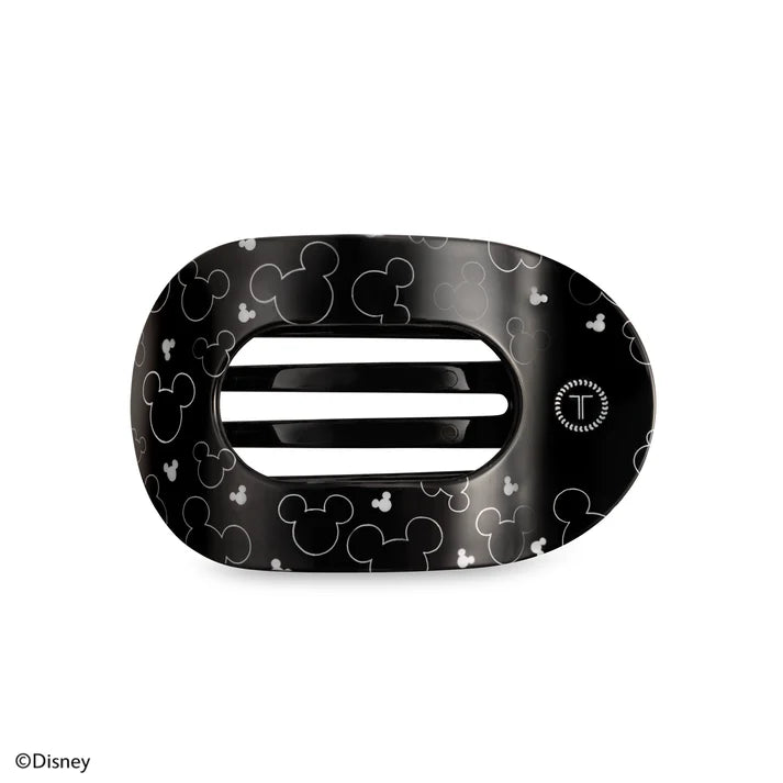 Disney x Teleties Disney Spotlight medium flat round hair clip in black with allover white Mickey silhouette outline print on white background