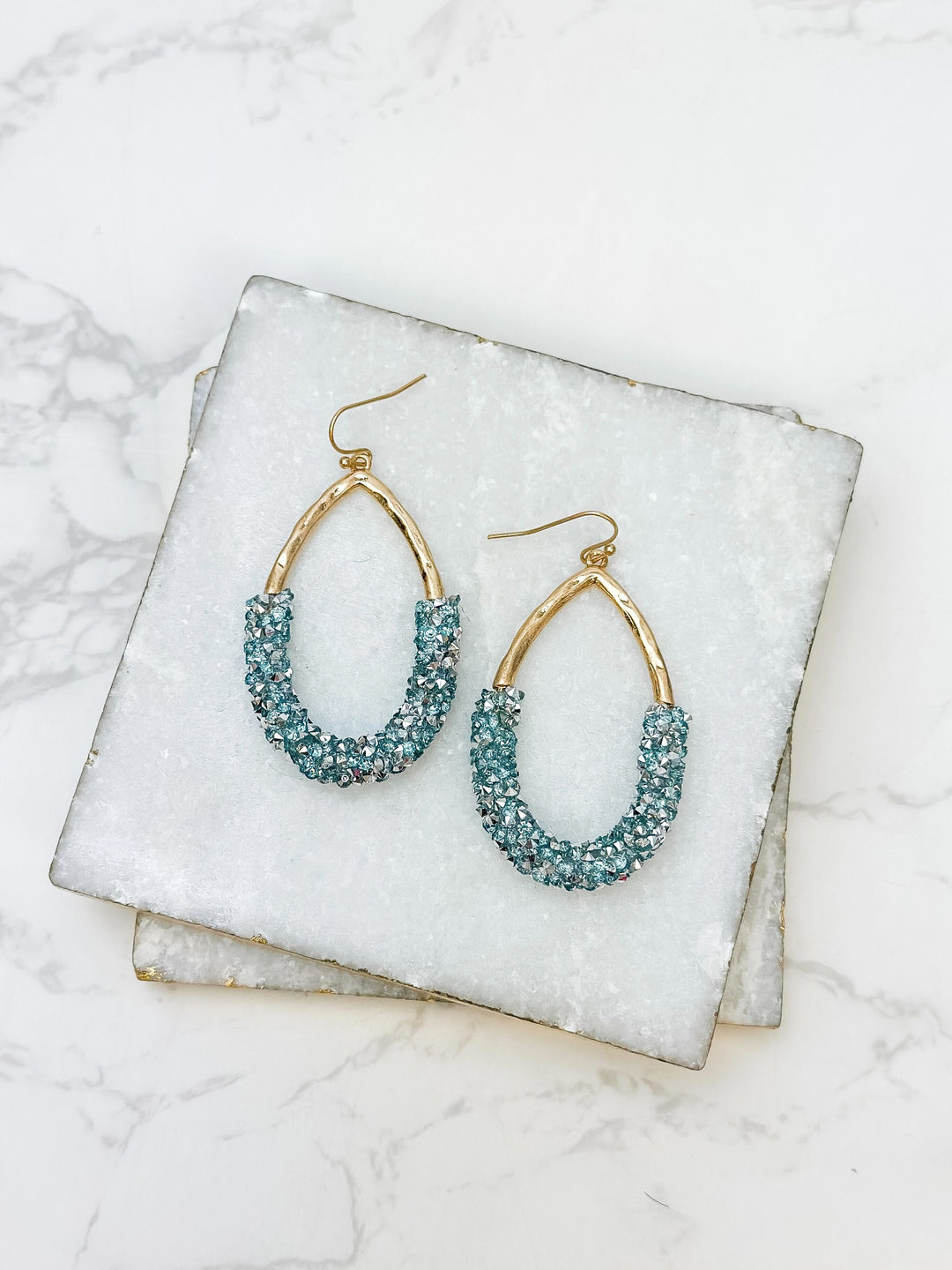 Crystal Encrusted Gold Teardrop Dangle Earrings - Blue