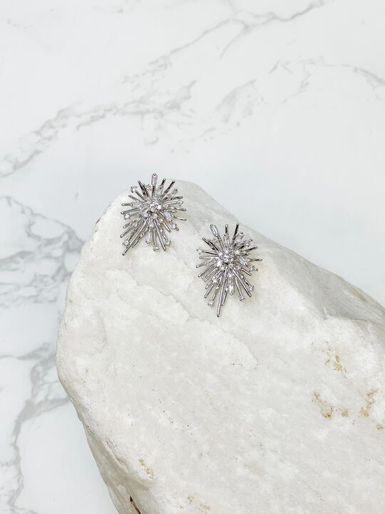 Cubic Zirconia Silver Starburst Glitzy Post Earrings