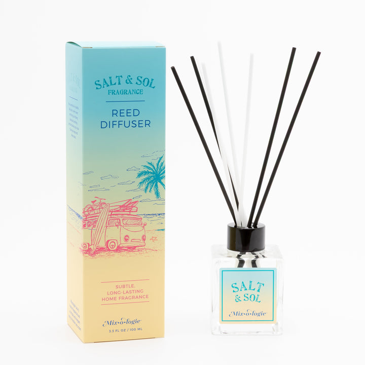 Mixologie Reed Diffuser in Salt & Sol, 3.3 fl oz, clear square glass bottle with black cap and teal label, with matching teal to yellow gradient VW van beach illustration box