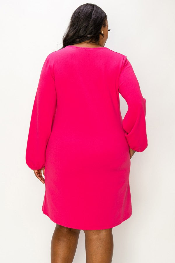 Long Sleeve Shift Dress - Fuchsia by Yelete