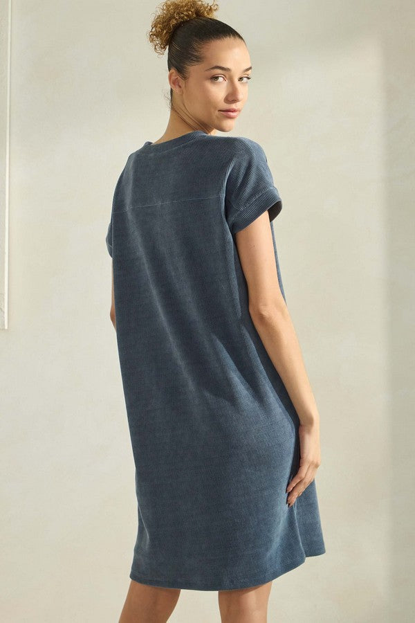 Corded V-Neck Short Sleeve Dress - Denim by Yelete (Ships in 3 Weeks)