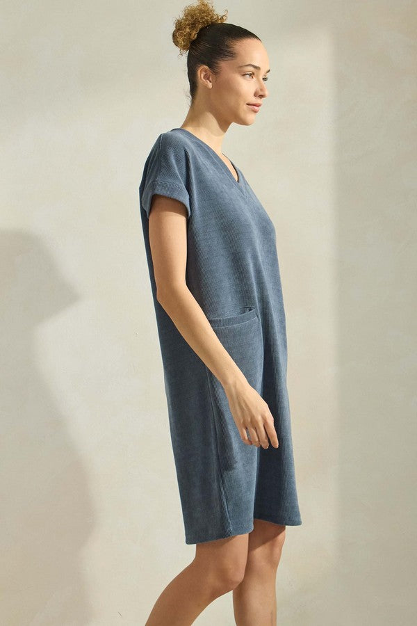 Corded V-Neck Short Sleeve Dress - Denim by Yelete (Ships in 3 Weeks)