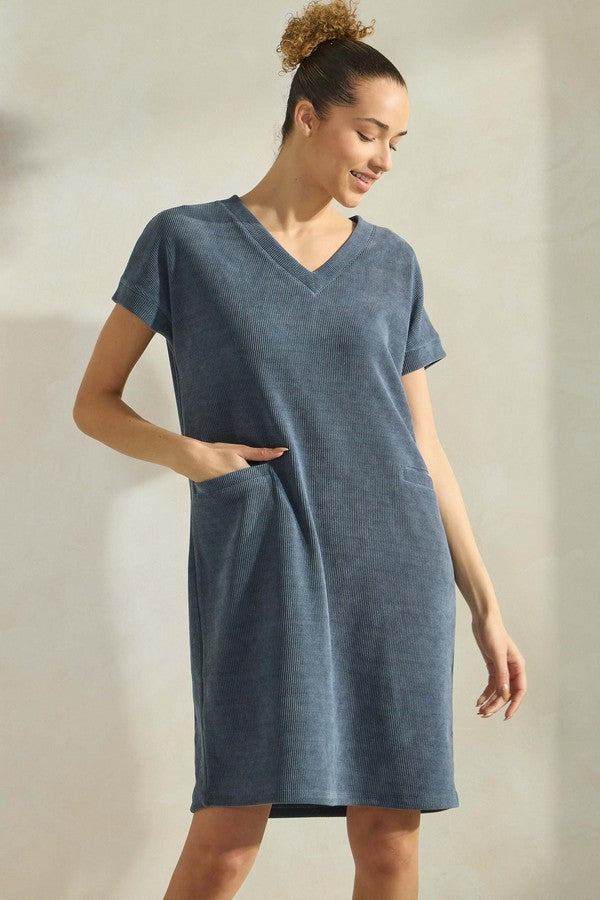 Corded V-Neck Short Sleeve Dress - Denim by Yelete (Ships in 3 Weeks)