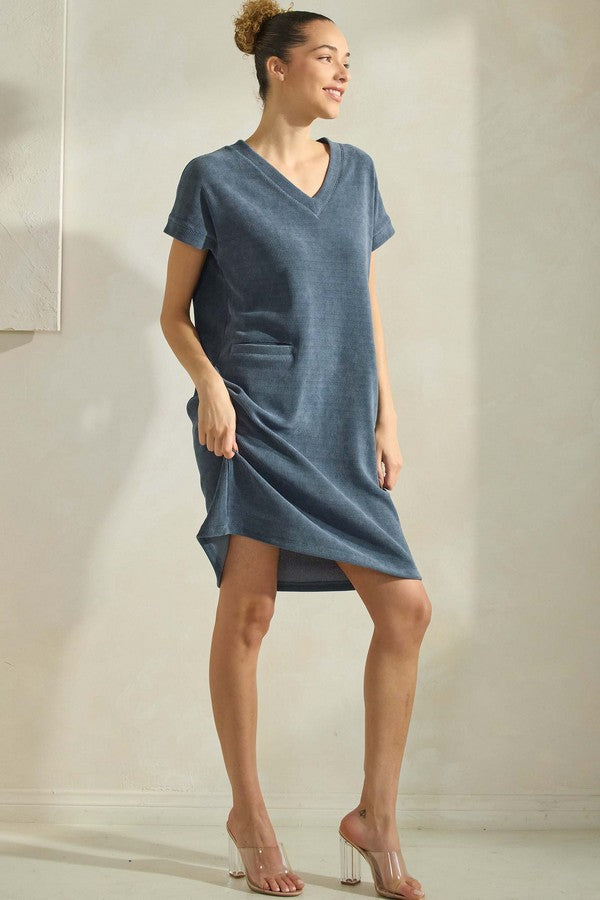 Corded V-Neck Short Sleeve Dress - Denim by Yelete (Ships in 3 Weeks)